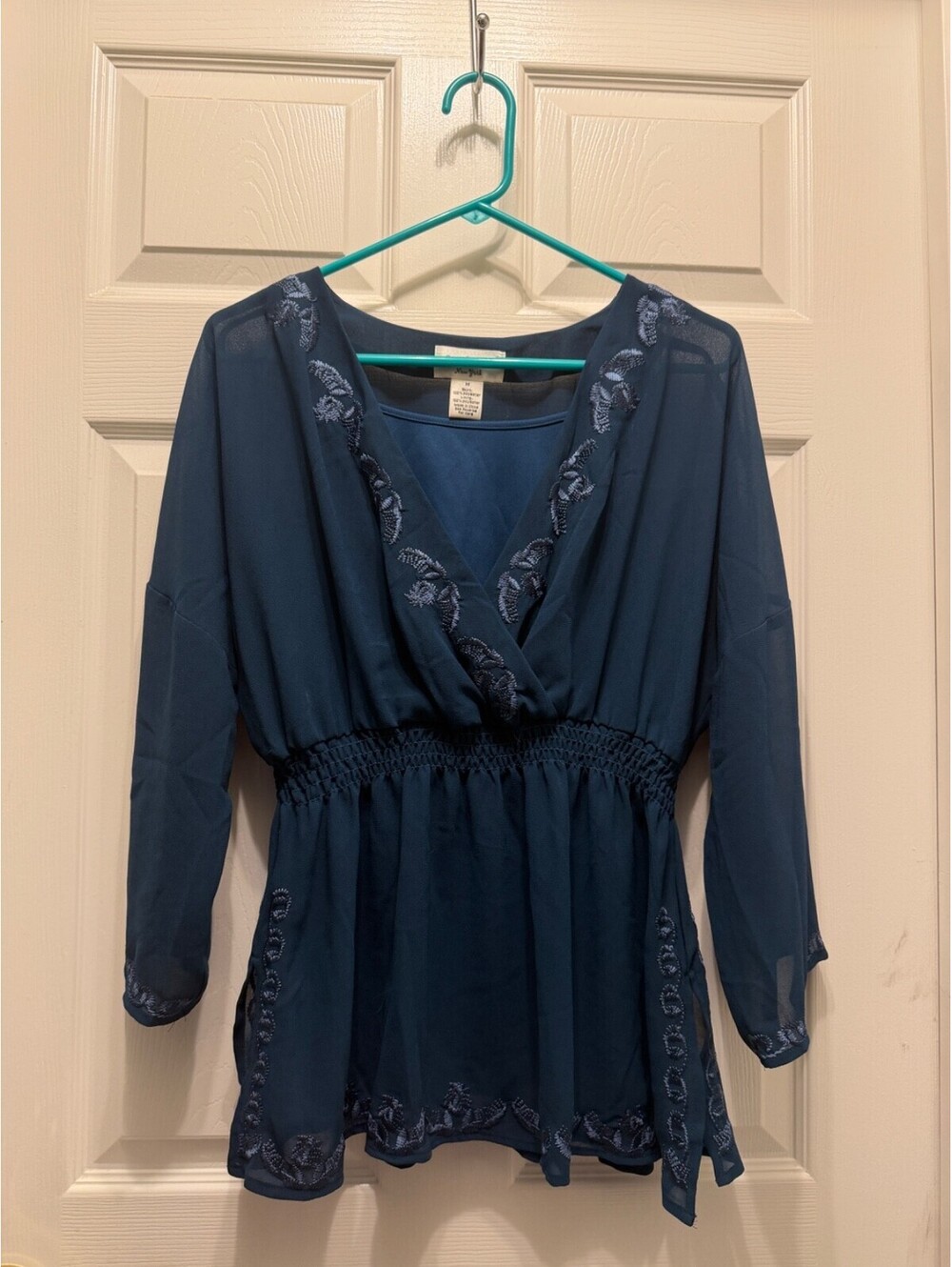 Katherine New York Teal Sheer Blouse With Design and Cami Medium